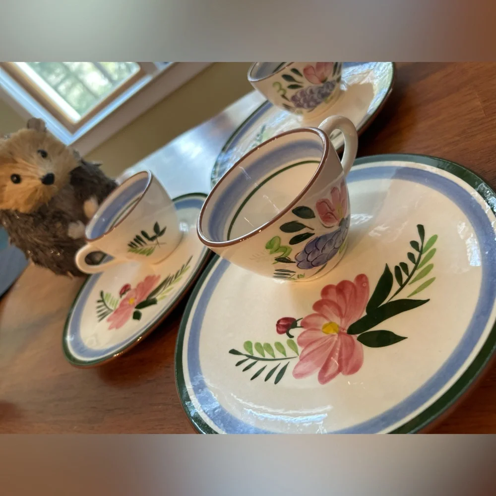 Floral Stoneware Tea party Set—Vintage Tea Cups + Plates Bundle | Stangl Pottery
